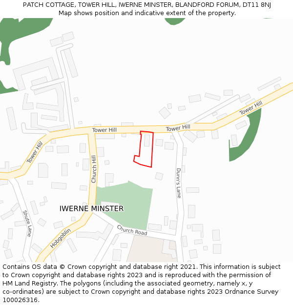 PATCH COTTAGE, TOWER HILL, IWERNE MINSTER, BLANDFORD FORUM, DT11 8NJ: Location map and indicative extent of plot