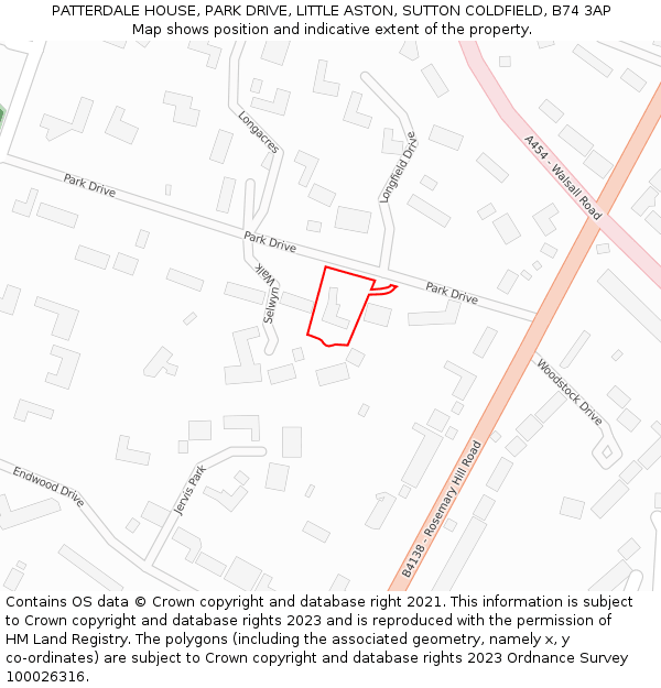 PATTERDALE HOUSE, PARK DRIVE, LITTLE ASTON, SUTTON COLDFIELD, B74 3AP: Location map and indicative extent of plot