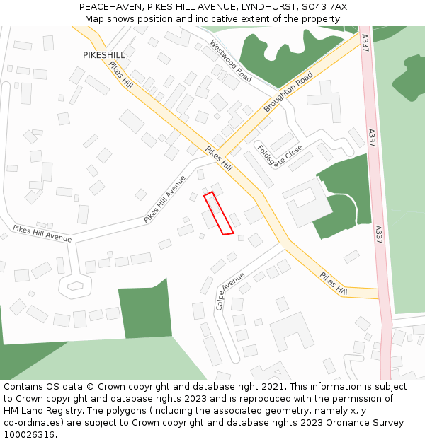 PEACEHAVEN, PIKES HILL AVENUE, LYNDHURST, SO43 7AX: Location map and indicative extent of plot