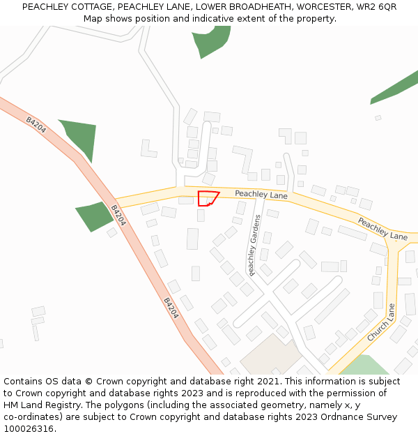 PEACHLEY COTTAGE, PEACHLEY LANE, LOWER BROADHEATH, WORCESTER, WR2 6QR: Location map and indicative extent of plot