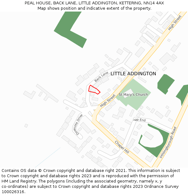 PEAL HOUSE, BACK LANE, LITTLE ADDINGTON, KETTERING, NN14 4AX: Location map and indicative extent of plot