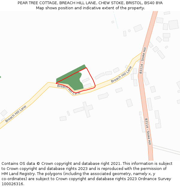 PEAR TREE COTTAGE, BREACH HILL LANE, CHEW STOKE, BRISTOL, BS40 8YA: Location map and indicative extent of plot