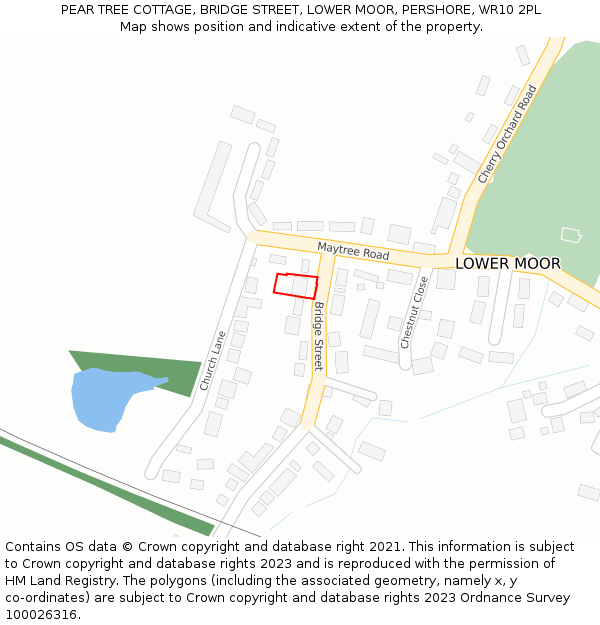 PEAR TREE COTTAGE, BRIDGE STREET, LOWER MOOR, PERSHORE, WR10 2PL: Location map and indicative extent of plot