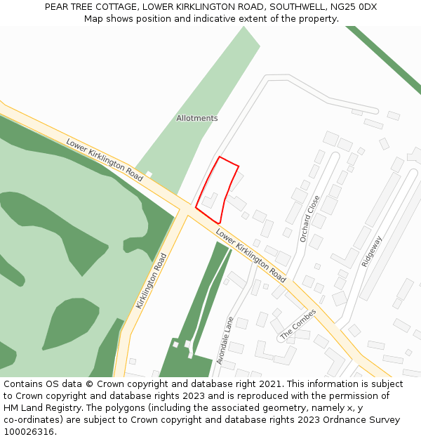 PEAR TREE COTTAGE, LOWER KIRKLINGTON ROAD, SOUTHWELL, NG25 0DX: Location map and indicative extent of plot