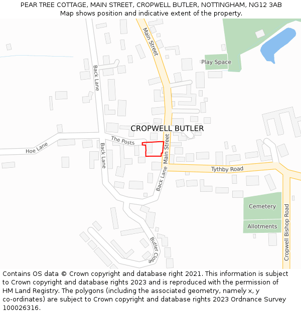 PEAR TREE COTTAGE, MAIN STREET, CROPWELL BUTLER, NOTTINGHAM, NG12 3AB: Location map and indicative extent of plot