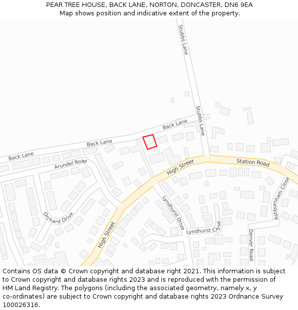 PEAR TREE HOUSE, BACK LANE, NORTON, DONCASTER, DN6 9EA: Location map and indicative extent of plot