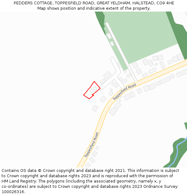 PEDDERS COTTAGE, TOPPESFIELD ROAD, GREAT YELDHAM, HALSTEAD, CO9 4HE: Location map and indicative extent of plot