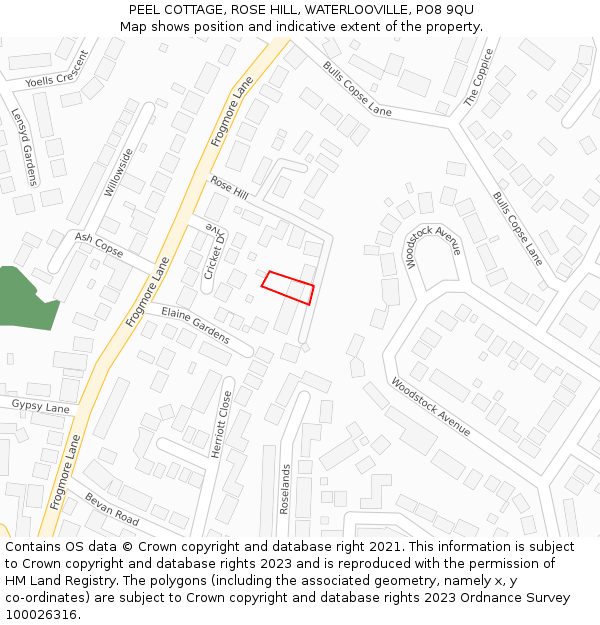 PEEL COTTAGE, ROSE HILL, WATERLOOVILLE, PO8 9QU: Location map and indicative extent of plot