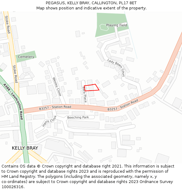 PEGASUS, KELLY BRAY, CALLINGTON, PL17 8ET: Location map and indicative extent of plot