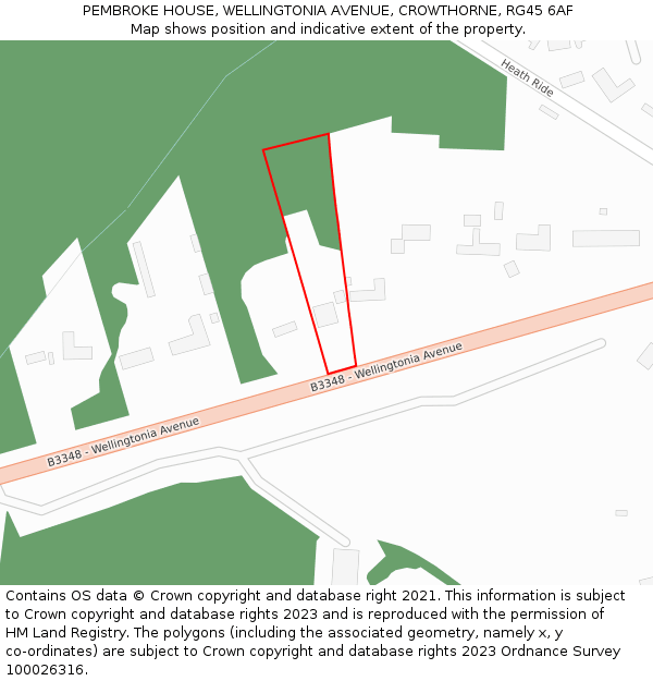 PEMBROKE HOUSE, WELLINGTONIA AVENUE, CROWTHORNE, RG45 6AF: Location map and indicative extent of plot