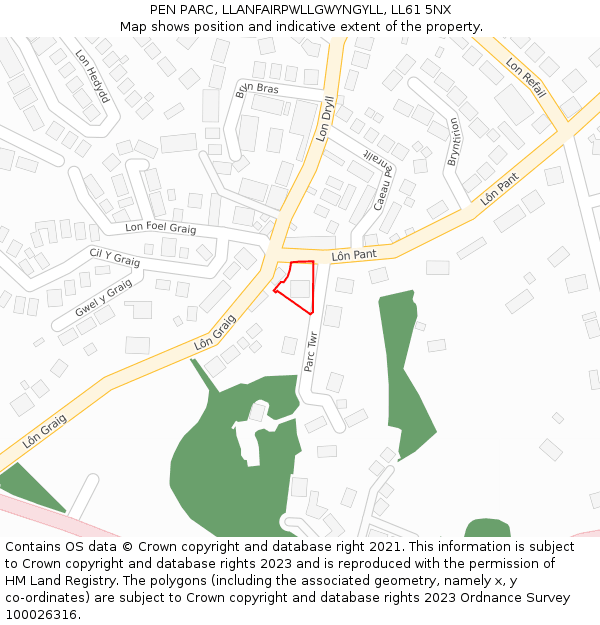 PEN PARC, LLANFAIRPWLLGWYNGYLL, LL61 5NX: Location map and indicative extent of plot