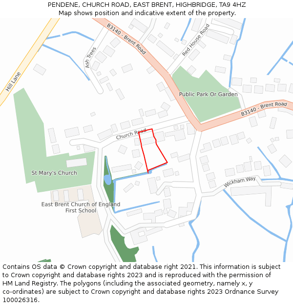 PENDENE, CHURCH ROAD, EAST BRENT, HIGHBRIDGE, TA9 4HZ: Location map and indicative extent of plot
