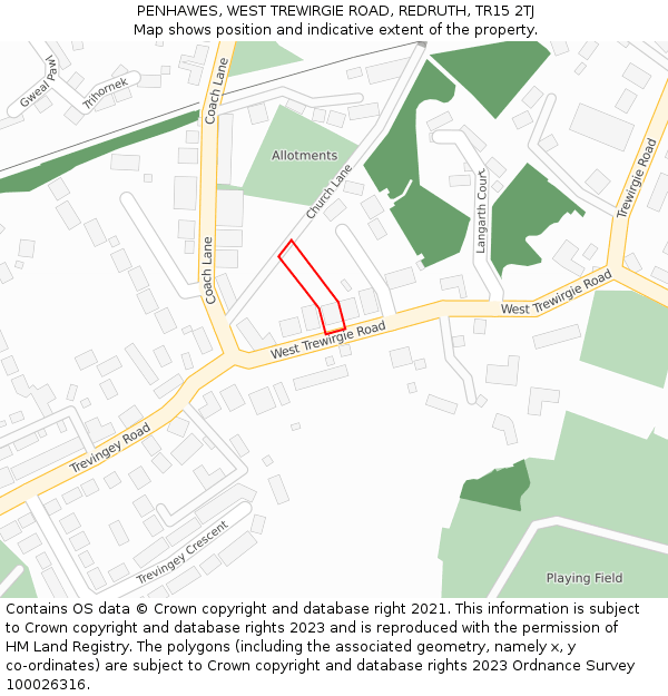 PENHAWES, WEST TREWIRGIE ROAD, REDRUTH, TR15 2TJ: Location map and indicative extent of plot