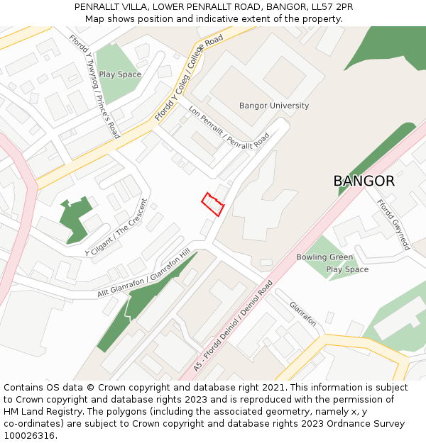 PENRALLT VILLA, LOWER PENRALLT ROAD, BANGOR, LL57 2PR: Location map and indicative extent of plot