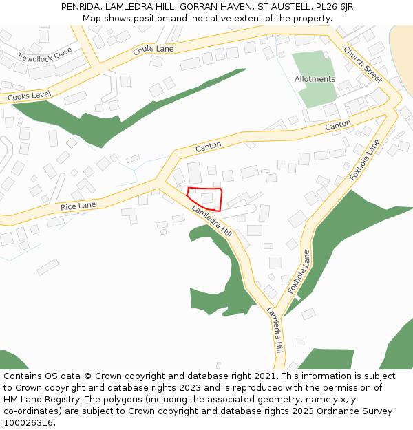 PENRIDA, LAMLEDRA HILL, GORRAN HAVEN, ST AUSTELL, PL26 6JR: Location map and indicative extent of plot