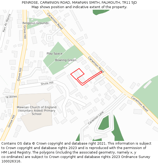 PENROSE, CARWINION ROAD, MAWNAN SMITH, FALMOUTH, TR11 5JD: Location map and indicative extent of plot