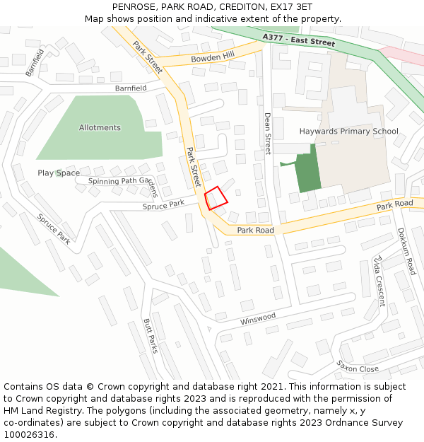 PENROSE, PARK ROAD, CREDITON, EX17 3ET: Location map and indicative extent of plot