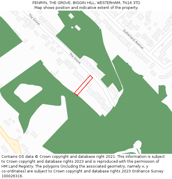 PENRYN, THE GROVE, BIGGIN HILL, WESTERHAM, TN16 3TD: Location map and indicative extent of plot