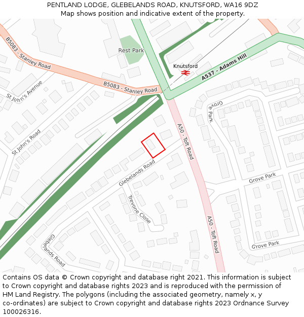 PENTLAND LODGE, GLEBELANDS ROAD, KNUTSFORD, WA16 9DZ: Location map and indicative extent of plot