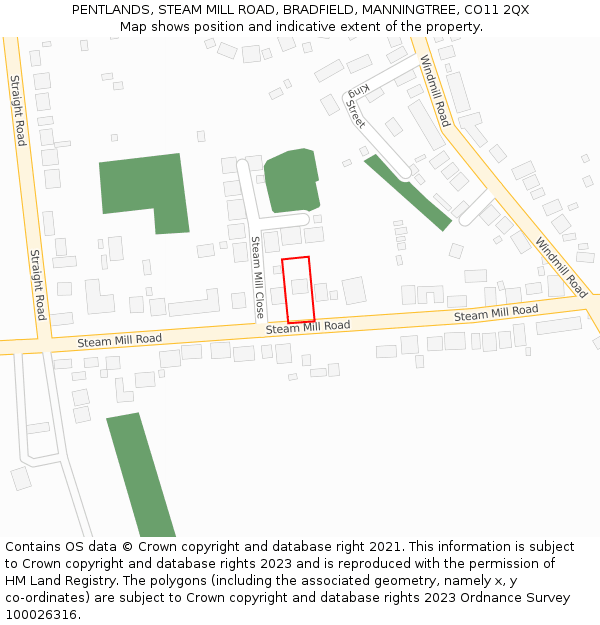 PENTLANDS, STEAM MILL ROAD, BRADFIELD, MANNINGTREE, CO11 2QX: Location map and indicative extent of plot