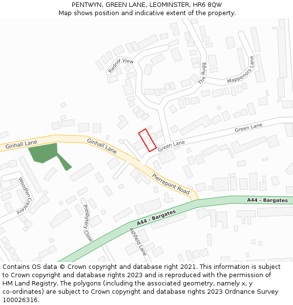 PENTWYN, GREEN LANE, LEOMINSTER, HR6 8QW: Location map and indicative extent of plot