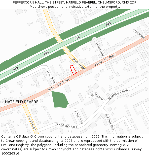 PEPPERCORN HALL, THE STREET, HATFIELD PEVEREL, CHELMSFORD, CM3 2DR: Location map and indicative extent of plot