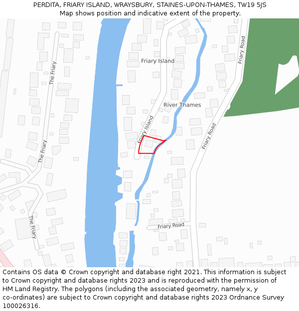 PERDITA, FRIARY ISLAND, WRAYSBURY, STAINES-UPON-THAMES, TW19 5JS: Location map and indicative extent of plot