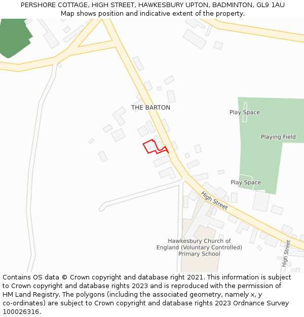 PERSHORE COTTAGE, HIGH STREET, HAWKESBURY UPTON, BADMINTON, GL9 1AU: Location map and indicative extent of plot