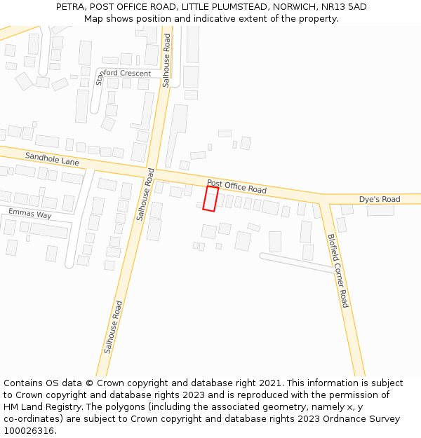 PETRA, POST OFFICE ROAD, LITTLE PLUMSTEAD, NORWICH, NR13 5AD: Location map and indicative extent of plot