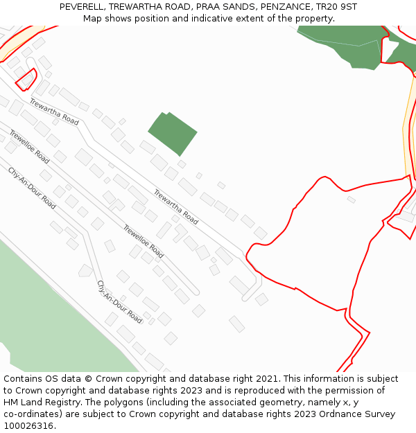 PEVERELL, TREWARTHA ROAD, PRAA SANDS, PENZANCE, TR20 9ST: Location map and indicative extent of plot