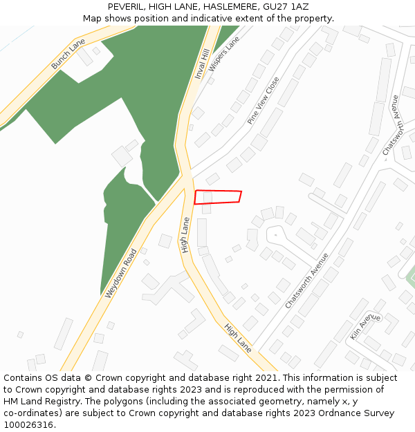 PEVERIL, HIGH LANE, HASLEMERE, GU27 1AZ: Location map and indicative extent of plot