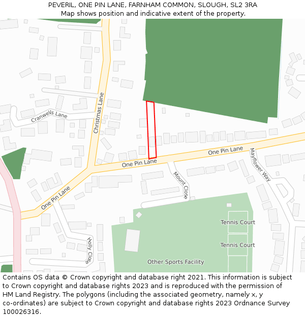 PEVERIL, ONE PIN LANE, FARNHAM COMMON, SLOUGH, SL2 3RA: Location map and indicative extent of plot