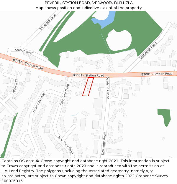 PEVERIL, STATION ROAD, VERWOOD, BH31 7LA: Location map and indicative extent of plot