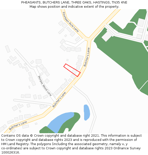 PHEASANTS, BUTCHERS LANE, THREE OAKS, HASTINGS, TN35 4NE: Location map and indicative extent of plot