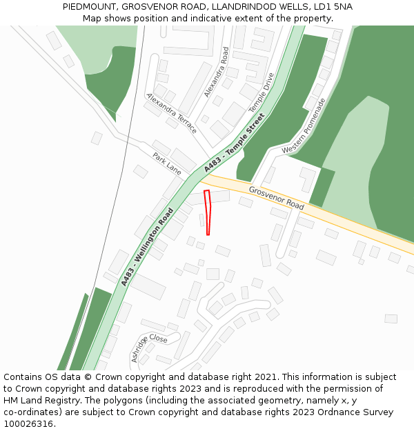 PIEDMOUNT, GROSVENOR ROAD, LLANDRINDOD WELLS, LD1 5NA: Location map and indicative extent of plot