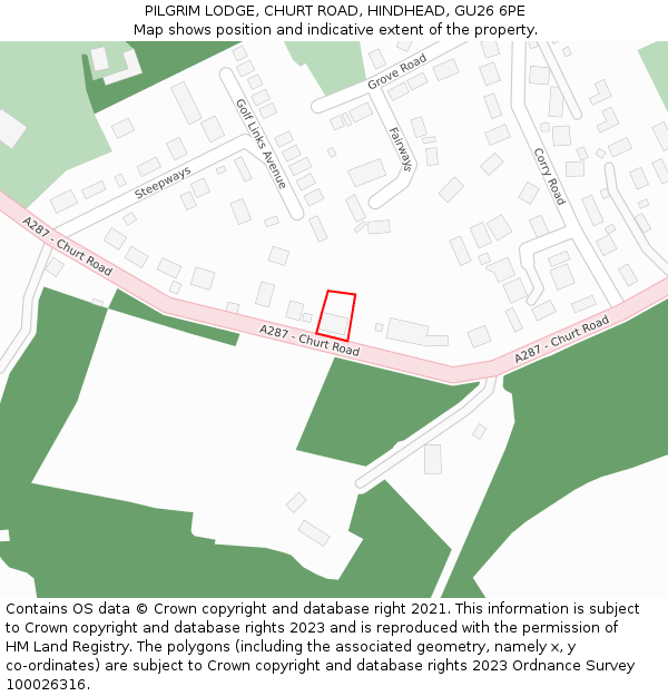 PILGRIM LODGE, CHURT ROAD, HINDHEAD, GU26 6PE: Location map and indicative extent of plot