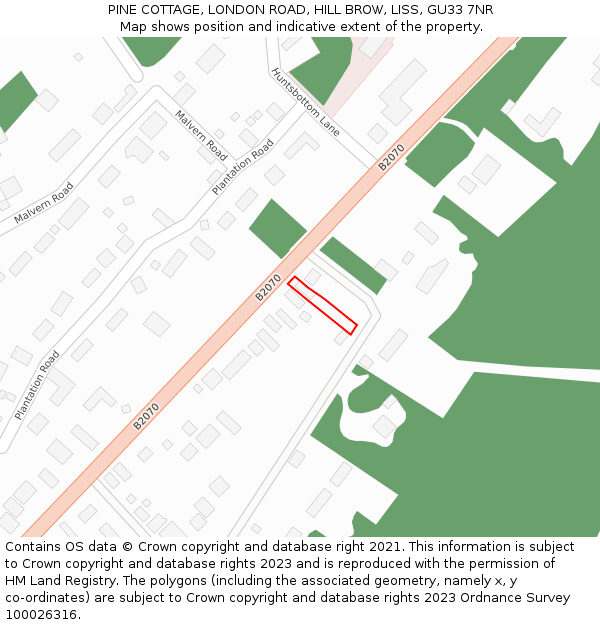 PINE COTTAGE, LONDON ROAD, HILL BROW, LISS, GU33 7NR: Location map and indicative extent of plot