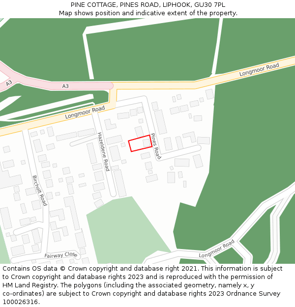 PINE COTTAGE, PINES ROAD, LIPHOOK, GU30 7PL: Location map and indicative extent of plot