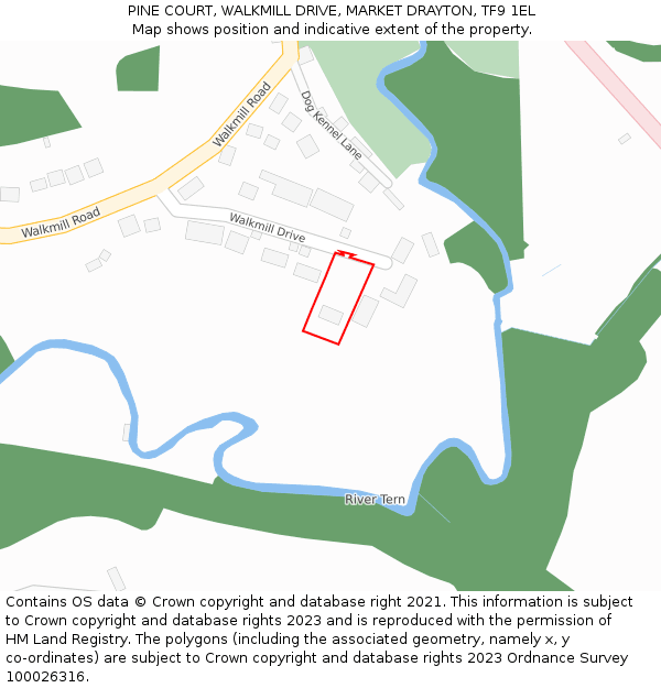 PINE COURT, WALKMILL DRIVE, MARKET DRAYTON, TF9 1EL: Location map and indicative extent of plot