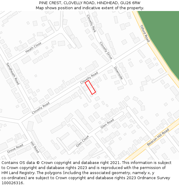 PINE CREST, CLOVELLY ROAD, HINDHEAD, GU26 6RW: Location map and indicative extent of plot