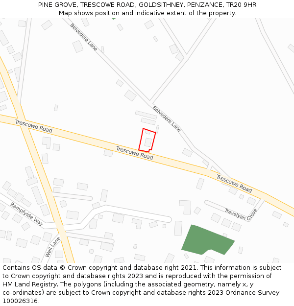 PINE GROVE, TRESCOWE ROAD, GOLDSITHNEY, PENZANCE, TR20 9HR: Location map and indicative extent of plot