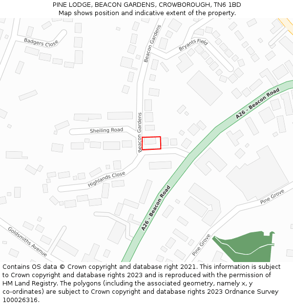 PINE LODGE, BEACON GARDENS, CROWBOROUGH, TN6 1BD: Location map and indicative extent of plot