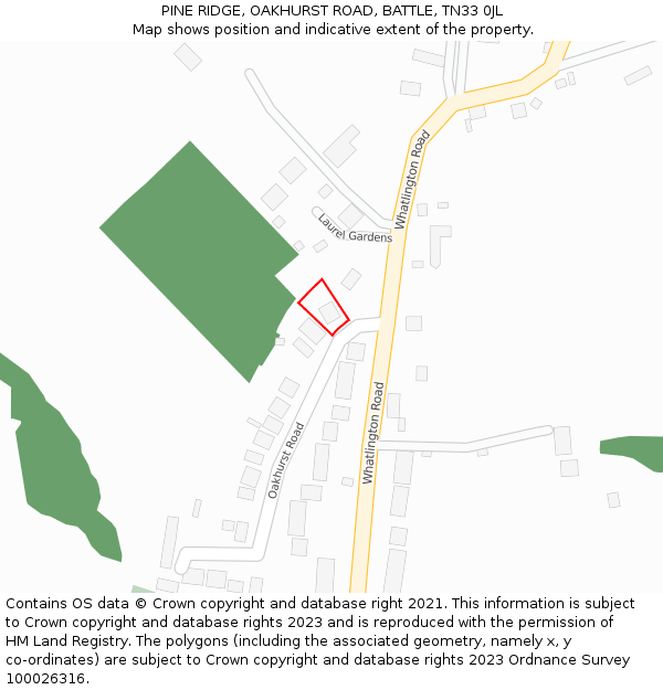 PINE RIDGE, OAKHURST ROAD, BATTLE, TN33 0JL: Location map and indicative extent of plot