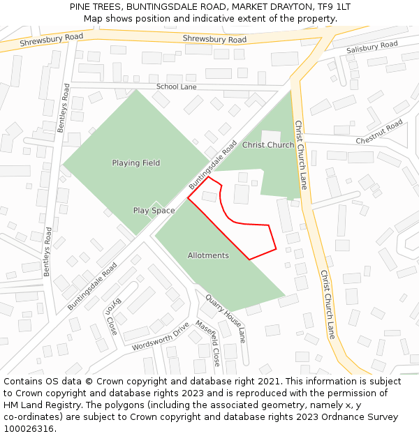 PINE TREES, BUNTINGSDALE ROAD, MARKET DRAYTON, TF9 1LT: Location map and indicative extent of plot