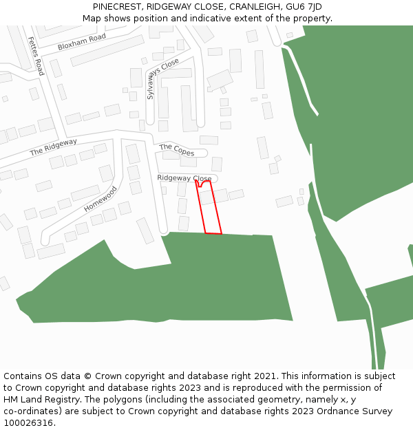 PINECREST, RIDGEWAY CLOSE, CRANLEIGH, GU6 7JD: Location map and indicative extent of plot