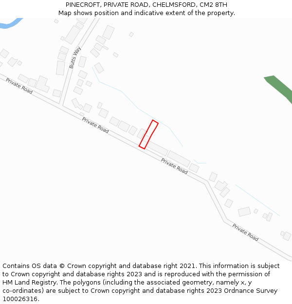 PINECROFT, PRIVATE ROAD, CHELMSFORD, CM2 8TH: Location map and indicative extent of plot