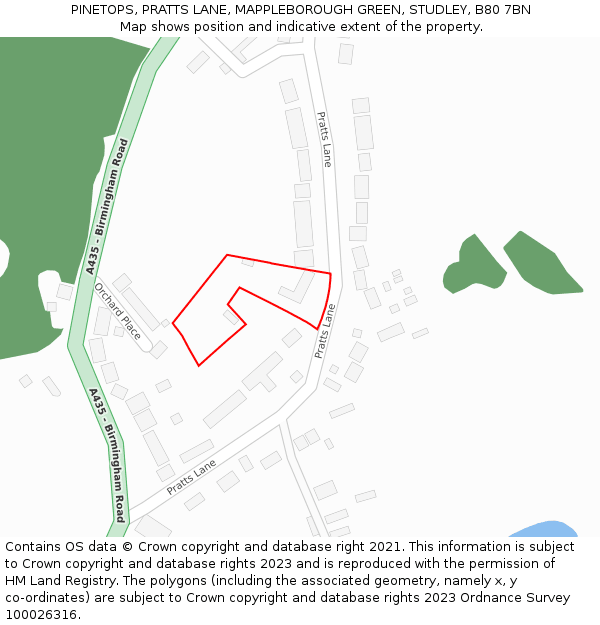 PINETOPS, PRATTS LANE, MAPPLEBOROUGH GREEN, STUDLEY, B80 7BN: Location map and indicative extent of plot