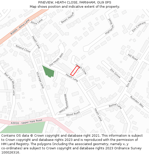 PINEVIEW, HEATH CLOSE, FARNHAM, GU9 0PS: Location map and indicative extent of plot