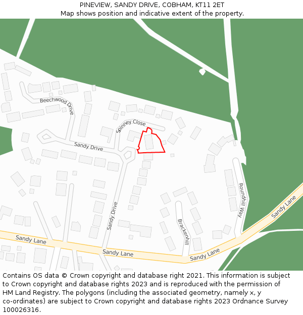 PINEVIEW, SANDY DRIVE, COBHAM, KT11 2ET: Location map and indicative extent of plot