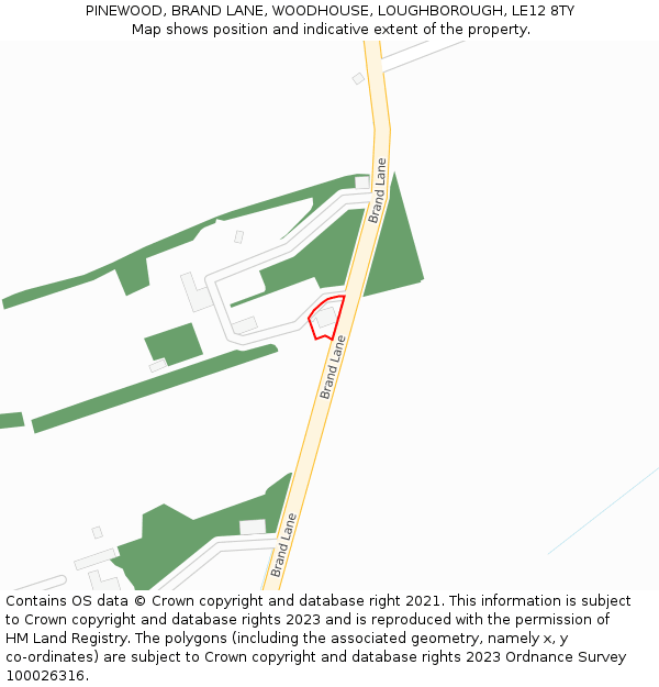 PINEWOOD, BRAND LANE, WOODHOUSE, LOUGHBOROUGH, LE12 8TY: Location map and indicative extent of plot
